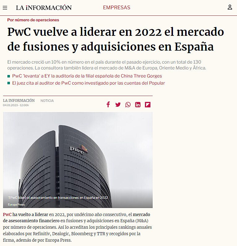 PwC vuelve a liderar en 2022 el mercado de fusiones y adquisiciones en Espaa